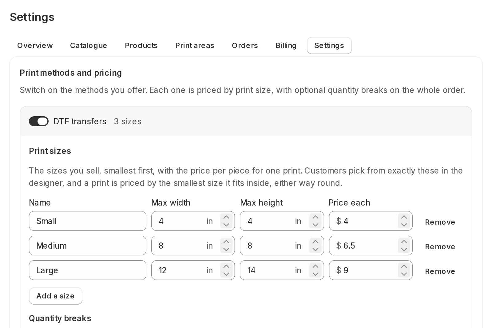 The settings page: DTF transfers priced by print size with quantity breaks, the other methods, deposits and shipping below