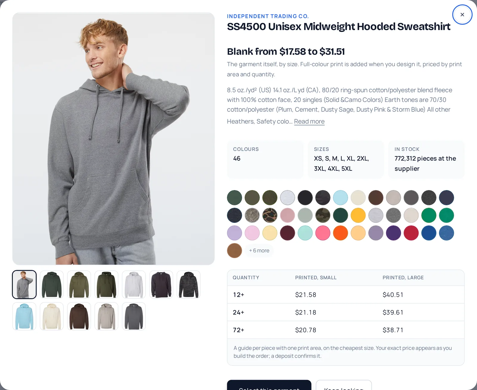 The garment detail: Independent Trading Co. SS4500, forty-six colour swatches, sizes XS to 5XL, stock at the supplier and a price guide by quantity