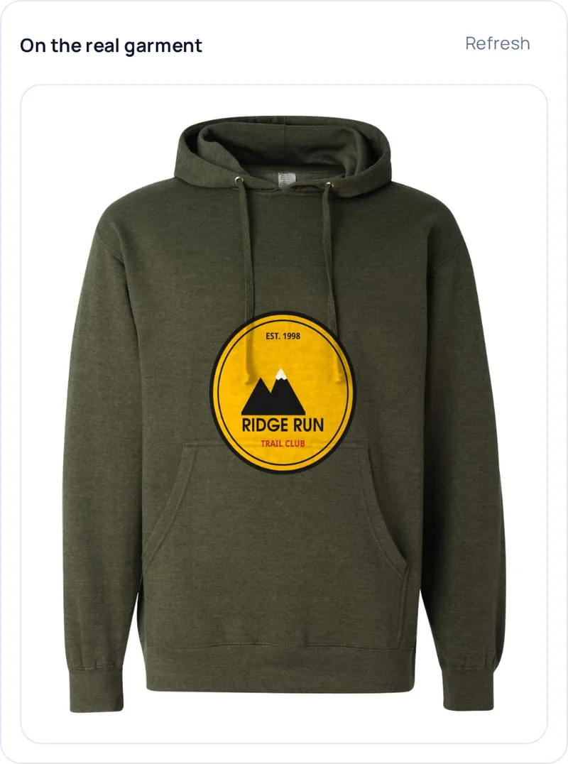 The mockup card: a photograph of the Army Heather hoodie with the badge printed on it