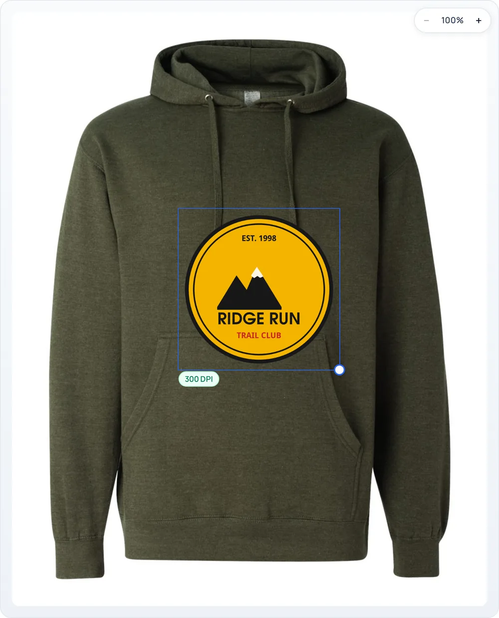 The canvas: the badge on the Army Heather hoodie photo with a resize handle and a 300 DPI badge