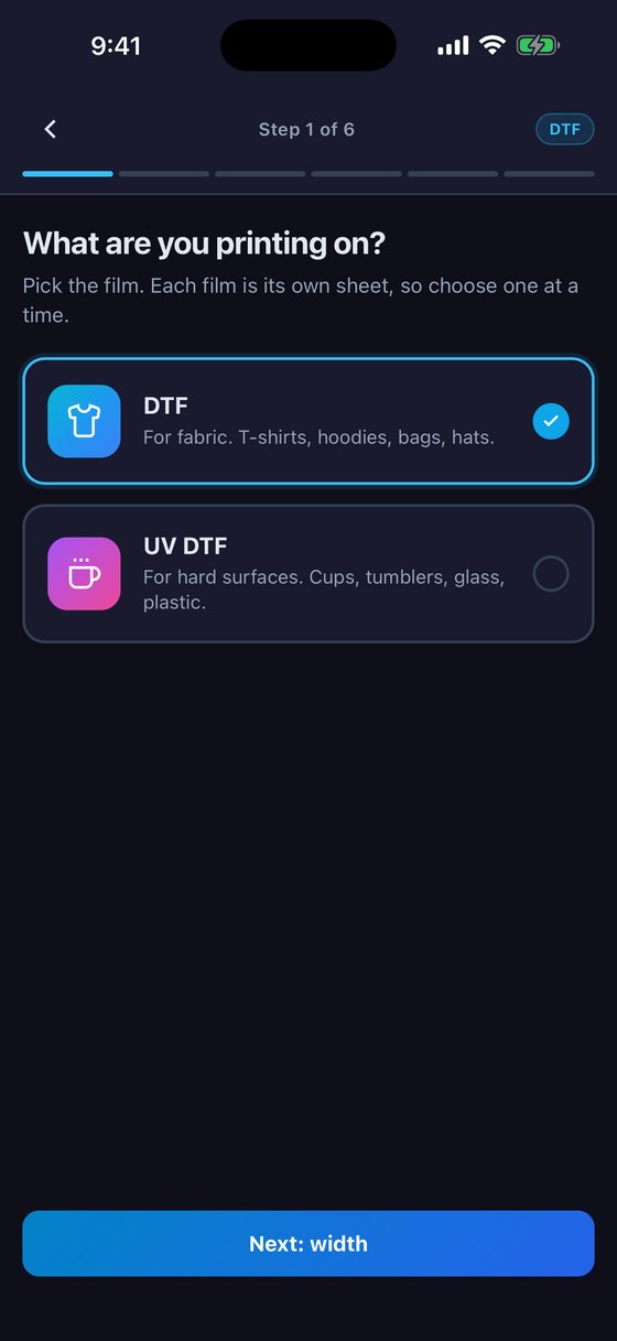 Step 1: choosing DTF or UV DTF film in the gang sheet builder app