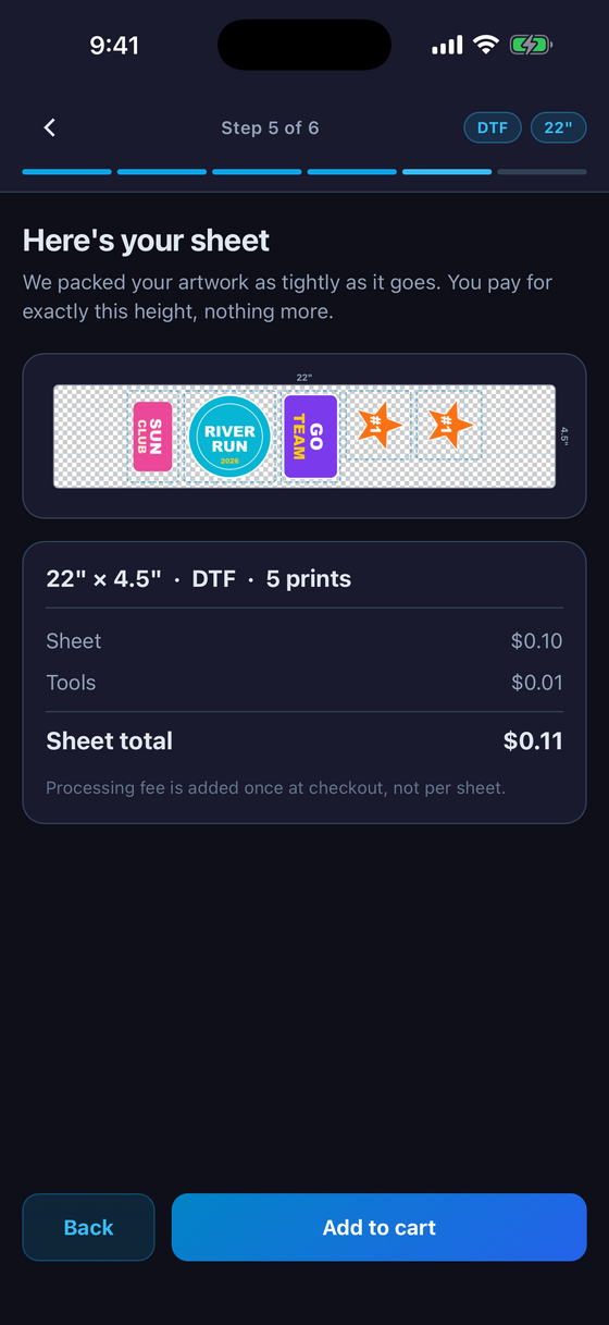 Step 6: the auto-packed gang sheet preview with the exact price