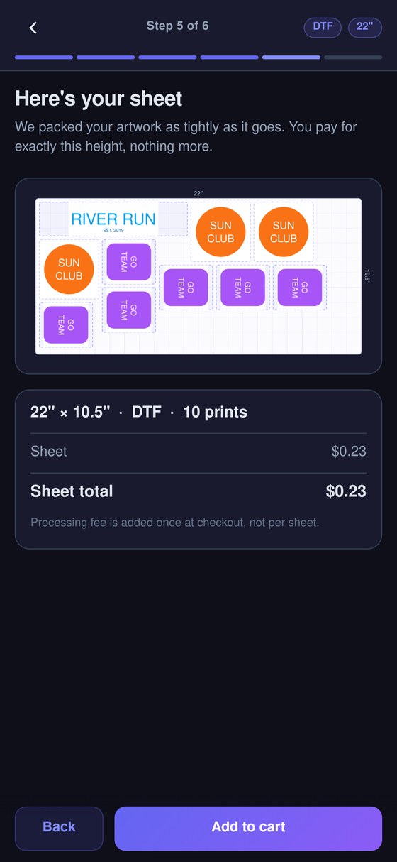 Step 6 — the packed sheet preview with price
