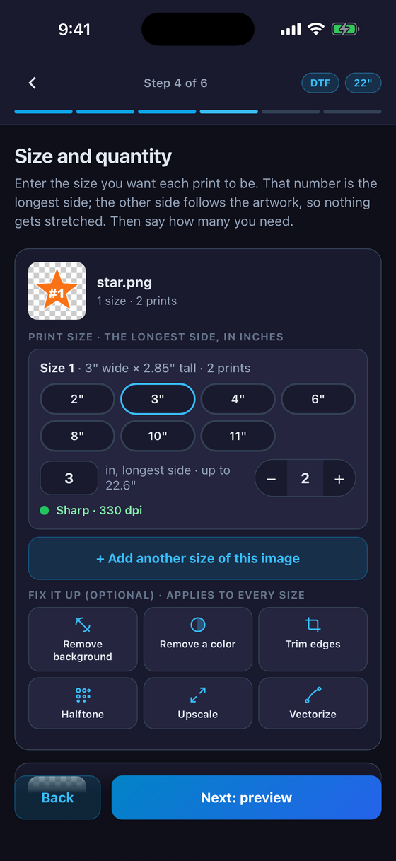 Step 4: setting print sizes and quantities with the sharpness meter