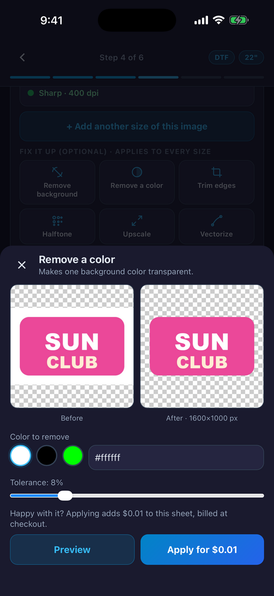 Step 5: removing a background color, with a before and after preview